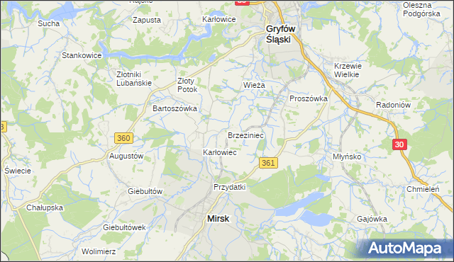 mapa Brzeziniec gmina Mirsk, Brzeziniec gmina Mirsk na mapie Targeo