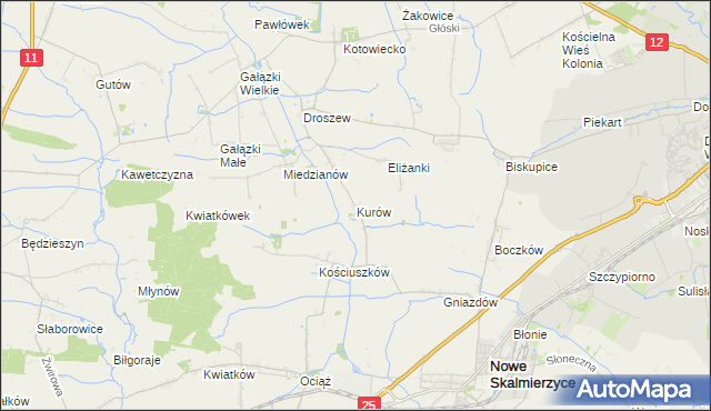 mapa Kurów gmina Nowe Skalmierzyce, Kurów gmina Nowe Skalmierzyce na mapie Targeo