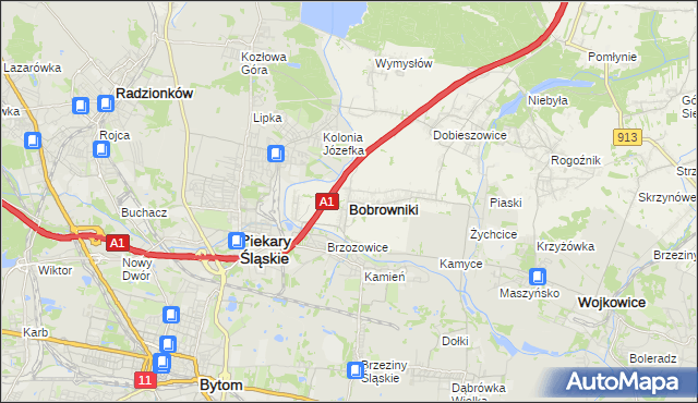 mapa Bobrowniki powiat będziński, Bobrowniki powiat będziński na mapie Targeo