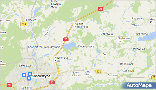 mapa Dobrogoszcz gmina Kościerzyna, Dobrogoszcz gmina Kościerzyna na mapie Targeo