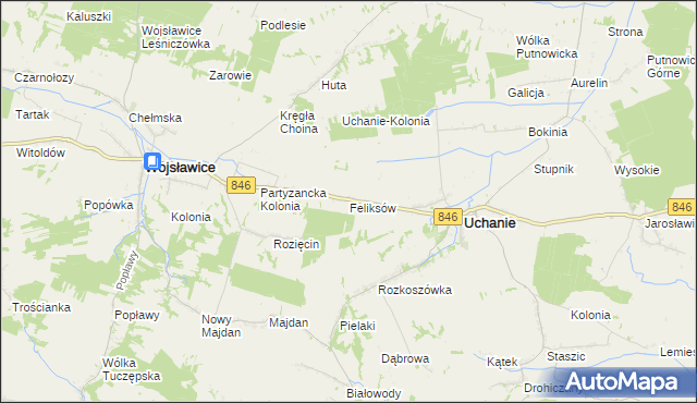 mapa Feliksów gmina Uchanie, Feliksów gmina Uchanie na mapie Targeo