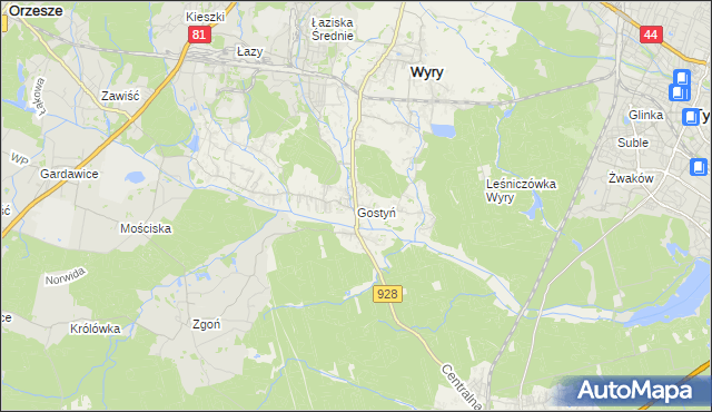 mapa Gostyń gmina Wyry, Gostyń gmina Wyry na mapie Targeo