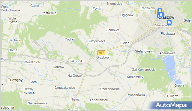 mapa Grzybów gmina Staszów, Grzybów gmina Staszów na mapie Targeo