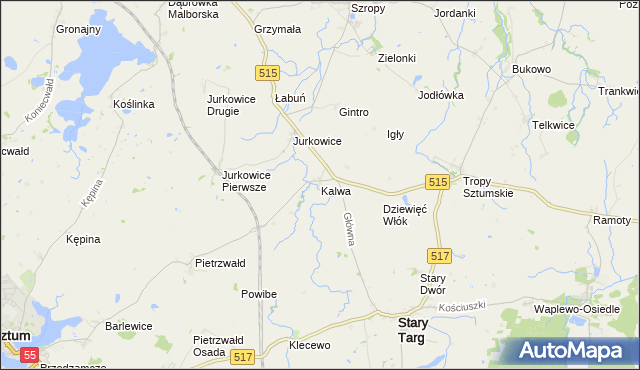 mapa Kalwa gmina Stary Targ, Kalwa gmina Stary Targ na mapie Targeo