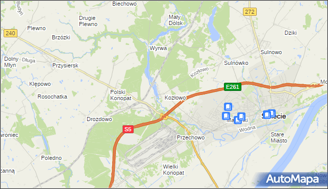 mapa Kozłowo gmina Świecie, Kozłowo gmina Świecie na mapie Targeo