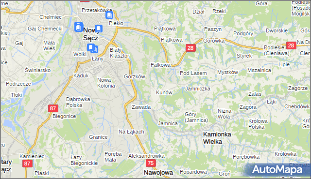 mapa Kunów gmina Chełmiec, Kunów gmina Chełmiec na mapie Targeo