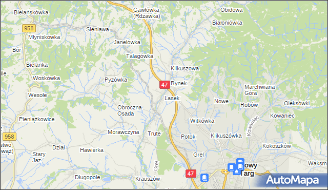 mapa Lasek gmina Nowy Targ, Lasek gmina Nowy Targ na mapie Targeo