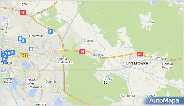 mapa Lędziny gmina Chrząstowice, Lędziny gmina Chrząstowice na mapie Targeo