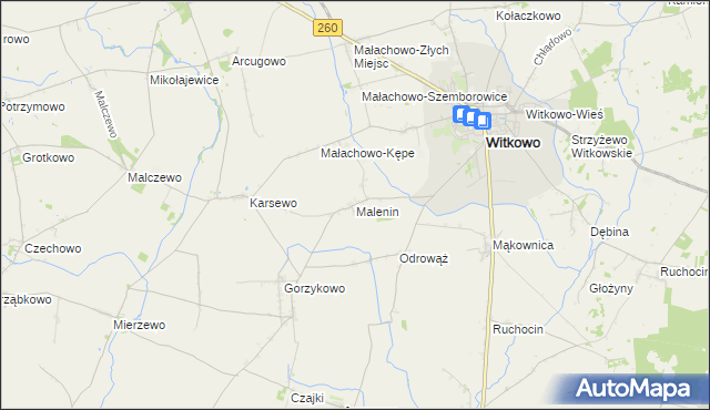 mapa Malenin gmina Witkowo, Malenin gmina Witkowo na mapie Targeo