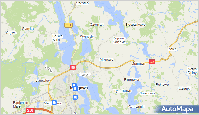 mapa Młynowo gmina Mrągowo, Młynowo gmina Mrągowo na mapie Targeo