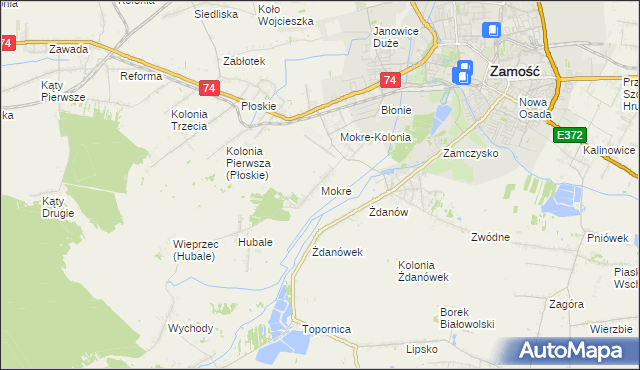 mapa Mokre gmina Zamość, Mokre gmina Zamość na mapie Targeo