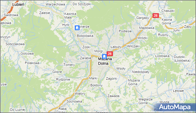 mapa Mszana Dolna, Mszana Dolna na mapie Targeo