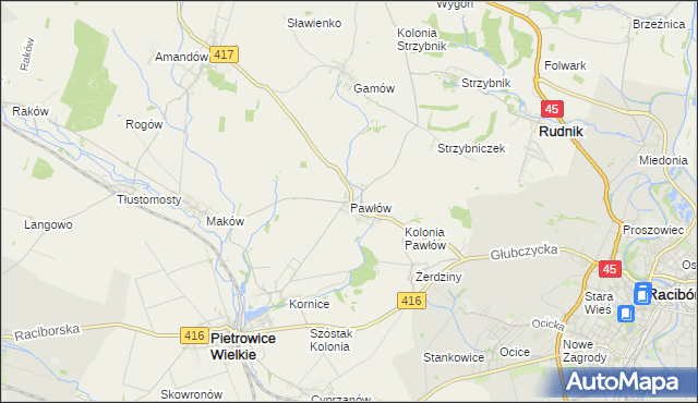 mapa Pawłów gmina Pietrowice Wielkie, Pawłów gmina Pietrowice Wielkie na mapie Targeo