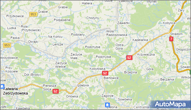 mapa Podchybie gmina Lanckorona, Podchybie gmina Lanckorona na mapie Targeo