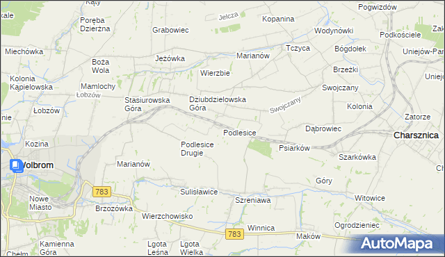 mapa Podlesice gmina Charsznica, Podlesice gmina Charsznica na mapie Targeo