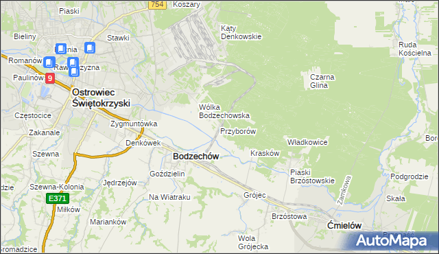 mapa Przyborów gmina Bodzechów, Przyborów gmina Bodzechów na mapie Targeo