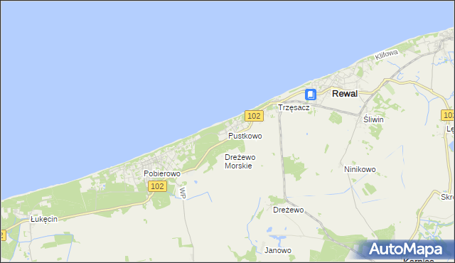 mapa Pustkowo gmina Rewal, Pustkowo gmina Rewal na mapie Targeo