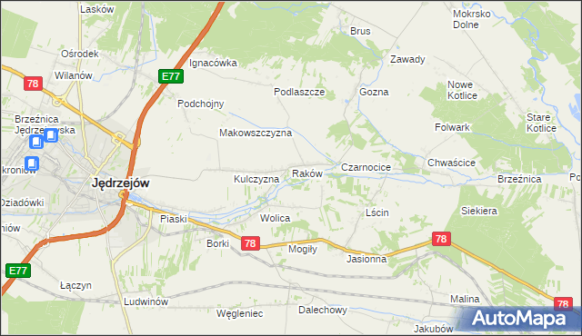 mapa Raków gmina Jędrzejów, Raków gmina Jędrzejów na mapie Targeo