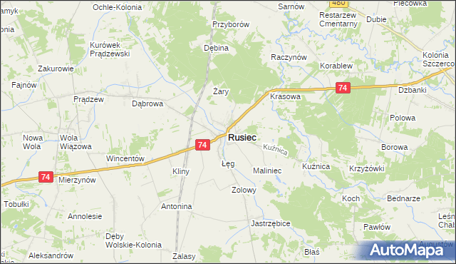 mapa Rusiec powiat bełchatowski, Rusiec powiat bełchatowski na mapie Targeo