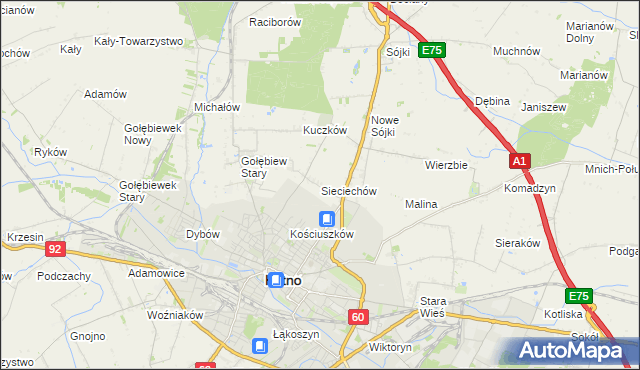 mapa Sieciechów gmina Kutno, Sieciechów gmina Kutno na mapie Targeo
