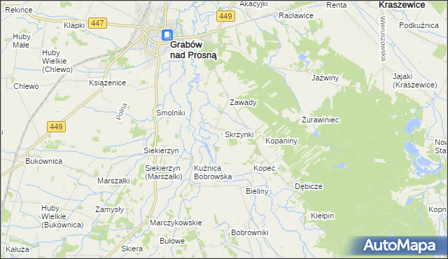 mapa Skrzynki gmina Grabów nad Prosną, Skrzynki gmina Grabów nad Prosną na mapie Targeo