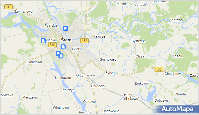 mapa Sosnowiec gmina Śrem, Sosnowiec gmina Śrem na mapie Targeo