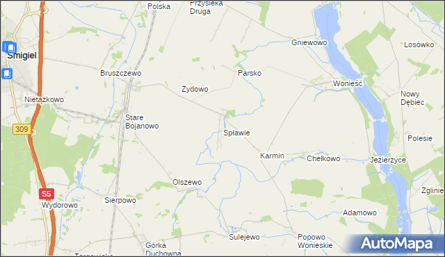 mapa Spławie gmina Śmigiel, Spławie gmina Śmigiel na mapie Targeo