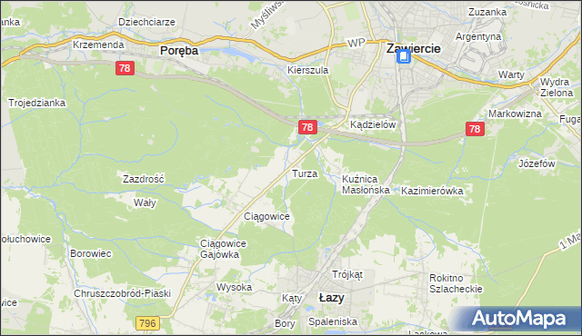 mapa Turza gmina Łazy, Turza gmina Łazy na mapie Targeo