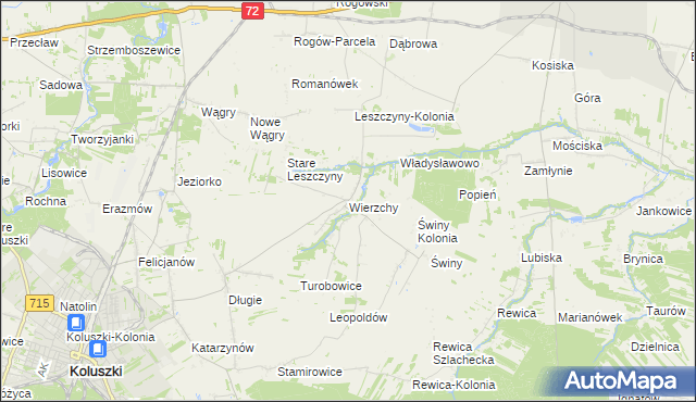 mapa Wierzchy gmina Koluszki, Wierzchy gmina Koluszki na mapie Targeo