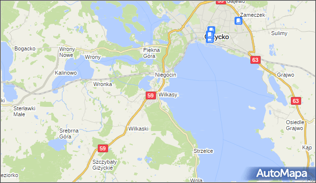 mapa Wilkasy gmina Giżycko, Wilkasy gmina Giżycko na mapie Targeo