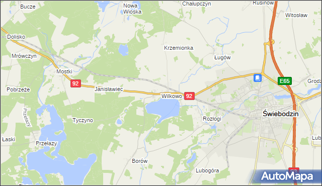 mapa Wilkowo gmina Świebodzin, Wilkowo gmina Świebodzin na mapie Targeo