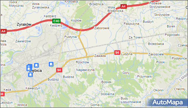 mapa Zawada gmina Dębica, Zawada gmina Dębica na mapie Targeo