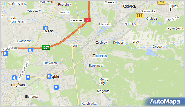 mapa Zielonka powiat wołomiński, Zielonka powiat wołomiński na mapie Targeo