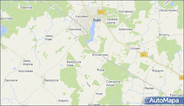 mapa Emilianowo gmina Susz, Emilianowo gmina Susz na mapie Targeo