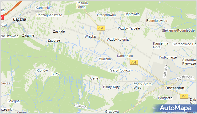 mapa Hucisko gmina Bodzentyn, Hucisko gmina Bodzentyn na mapie Targeo