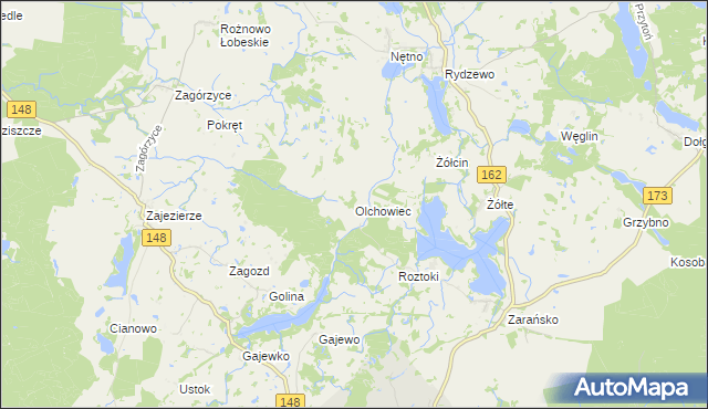 mapa Olchowiec gmina Drawsko Pomorskie, Olchowiec gmina Drawsko Pomorskie na mapie Targeo