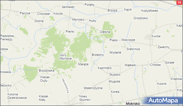 mapa Brzeziny gmina Skomlin, Brzeziny gmina Skomlin na mapie Targeo