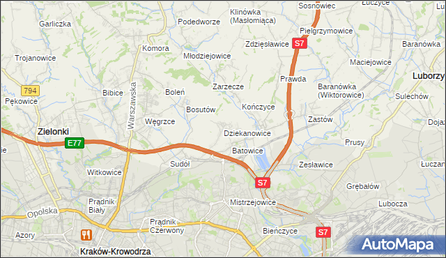 mapa Dziekanowice gmina Zielonki, Dziekanowice gmina Zielonki na mapie Targeo