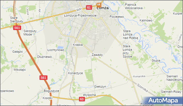 mapa Zawady gmina Łomża, Zawady gmina Łomża na mapie Targeo