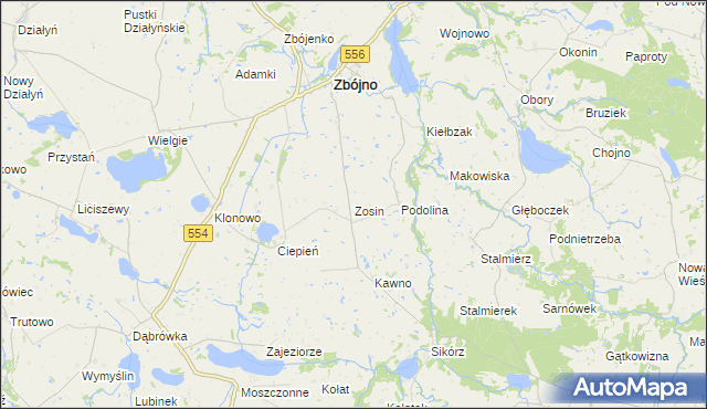 mapa Zosin gmina Zbójno, Zosin gmina Zbójno na mapie Targeo