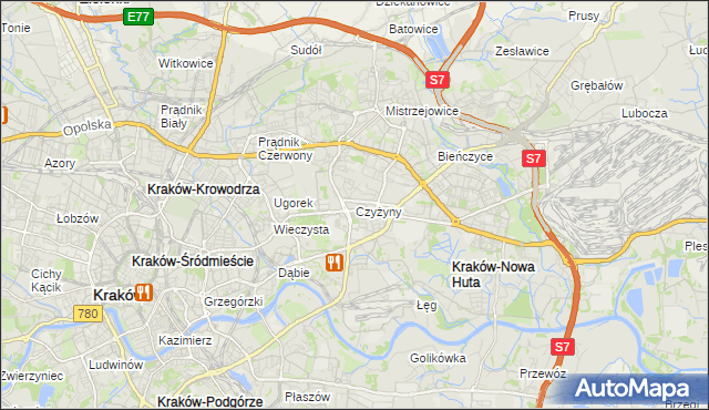 mapa Czyżyny, Czyżyny na mapie Targeo
