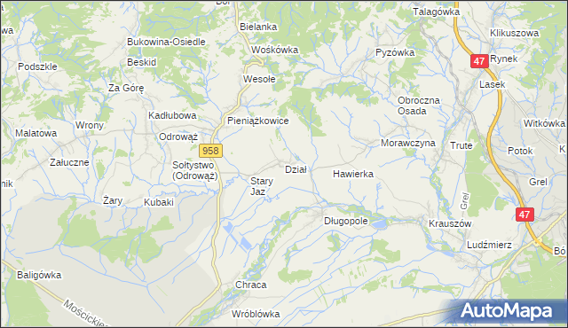 mapa Dział gmina Czarny Dunajec, Dział gmina Czarny Dunajec na mapie Targeo