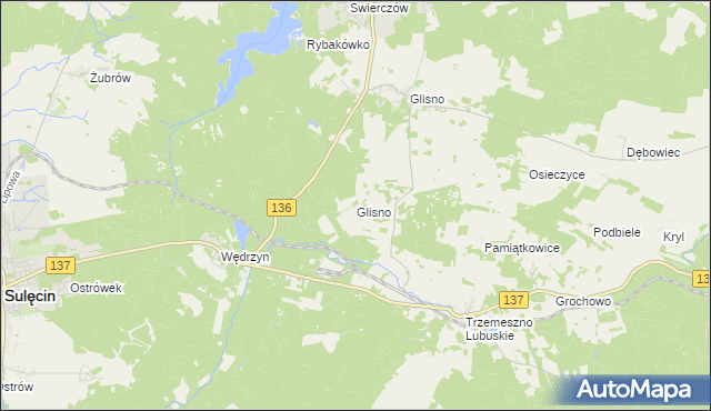 mapa Glisno gmina Sulęcin, Glisno gmina Sulęcin na mapie Targeo