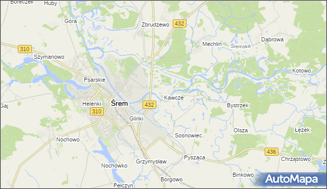 mapa Kawcze gmina Śrem, Kawcze gmina Śrem na mapie Targeo