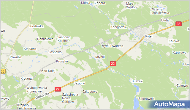 mapa Młynki gmina Czersk, Młynki gmina Czersk na mapie Targeo