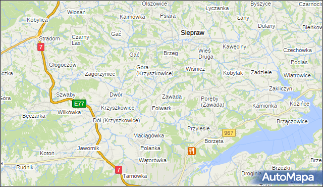 mapa Zawada gmina Myślenice, Zawada gmina Myślenice na mapie Targeo