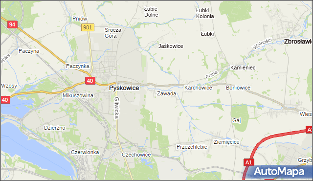mapa Zawada gmina Zbrosławice, Zawada gmina Zbrosławice na mapie Targeo