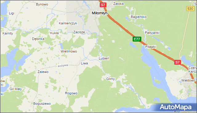 mapa Lubień gmina Miłomłyn, Lubień gmina Miłomłyn na mapie Targeo