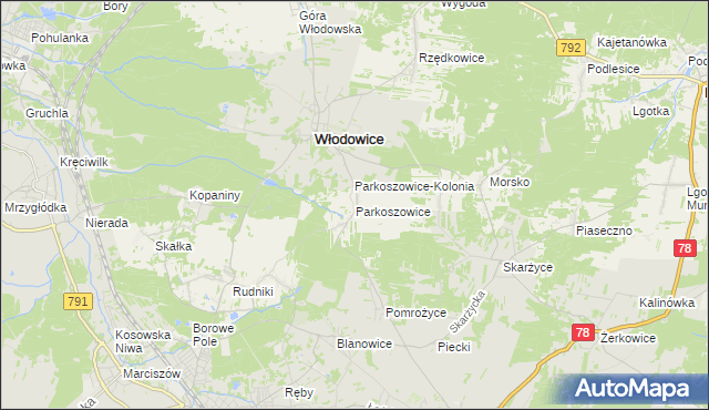 mapa Parkoszowice gmina Włodowice, Parkoszowice gmina Włodowice na mapie Targeo