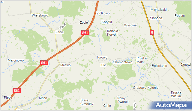 mapa Turowo gmina Kalinowo, Turowo gmina Kalinowo na mapie Targeo